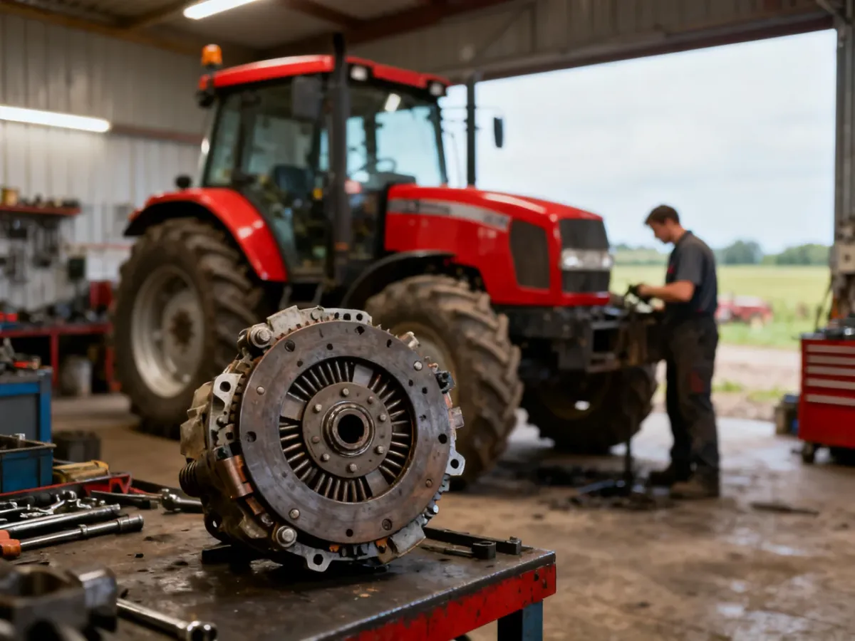 Mechanik rozpoławiający ciągnik rolniczy w warsztacie i odsłaniający sprzęgło