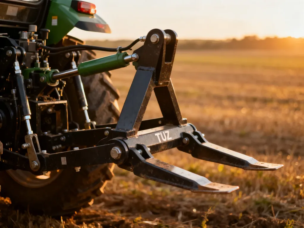 Zbliżenie na mechanizm tylnego układu zawieszenia (TUZ) ciągnika z widocznymi ramionami hydraulicznymi i łącznikami.