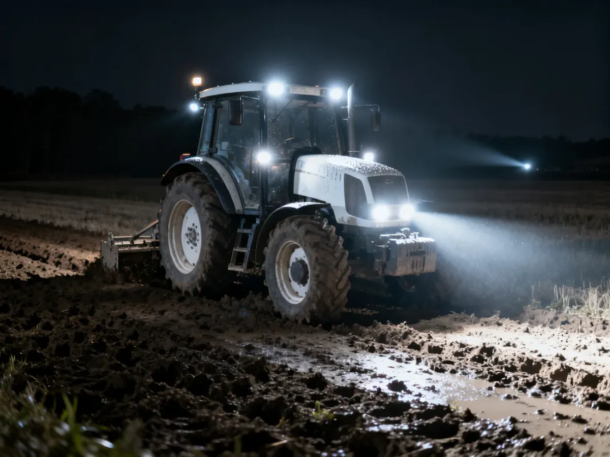 Ciągnik rolniczy oświetlający nocą pole różnymi wiązkami lamp LED