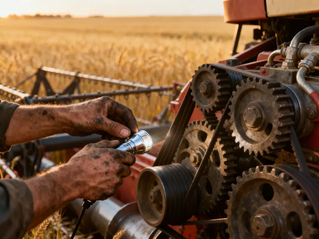 Mechanik sprawdza stan techniczny pasów i przekładni kombajnu zbożowego przed zakupem maszyny.