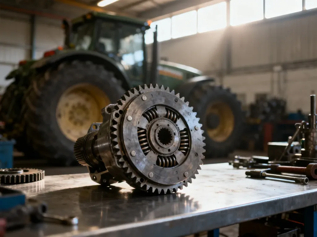 Zdemontowany mechanizm sprzęgła ciągnika rolniczego na stole warsztatowym w profesjonalnym serwisie.