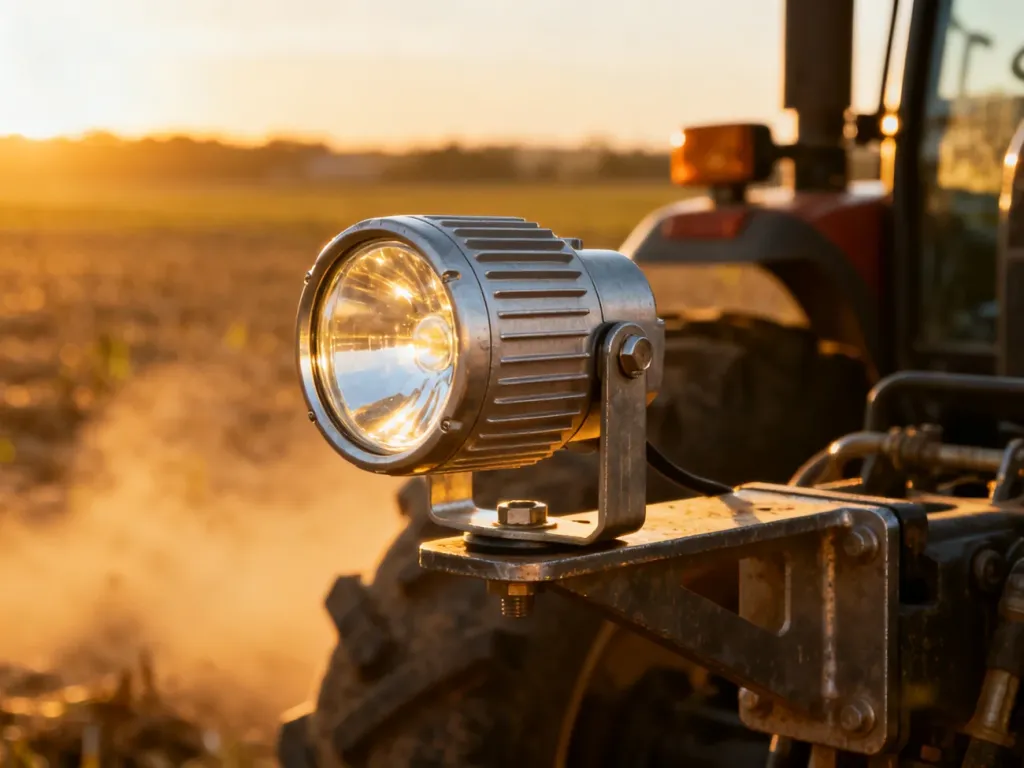 Wytrzymała lampa LED z aluminiową obudową zamontowana na ciągniku, gotowa do pracy w trudnych warunkach rolniczych.