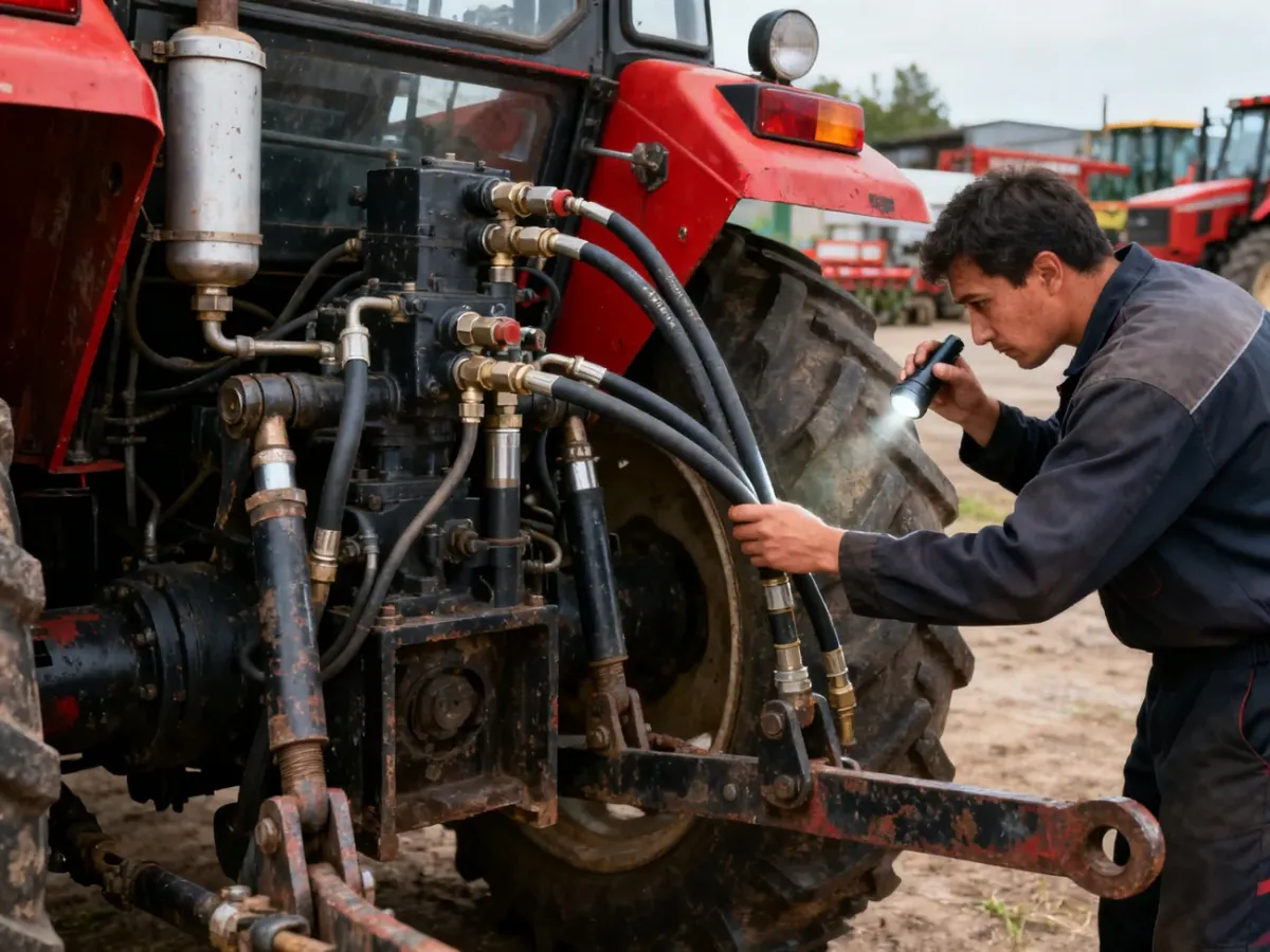 Mechanik sprawdza przewody i elementy hydrauliki używanego ciągnika