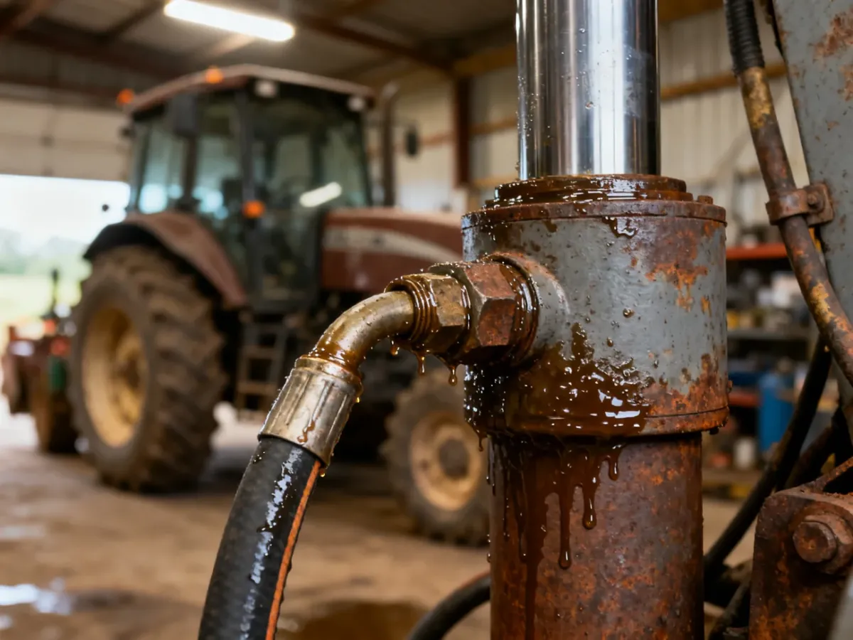 Ślady oleju na przewodzie i siłowniku hydrauliki ciągnika