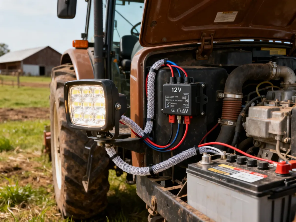 Lampy robocze LED ciągnika podłączone przez przekaźnik i bezpiecznik
