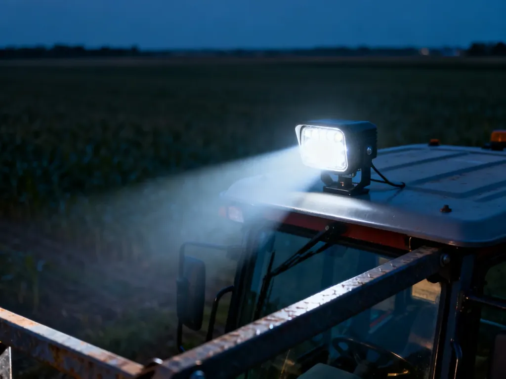 Mocna lampa robocza LED zamontowana na dachu ciągnika, oświetlająca pole podczas pracy po zmroku.