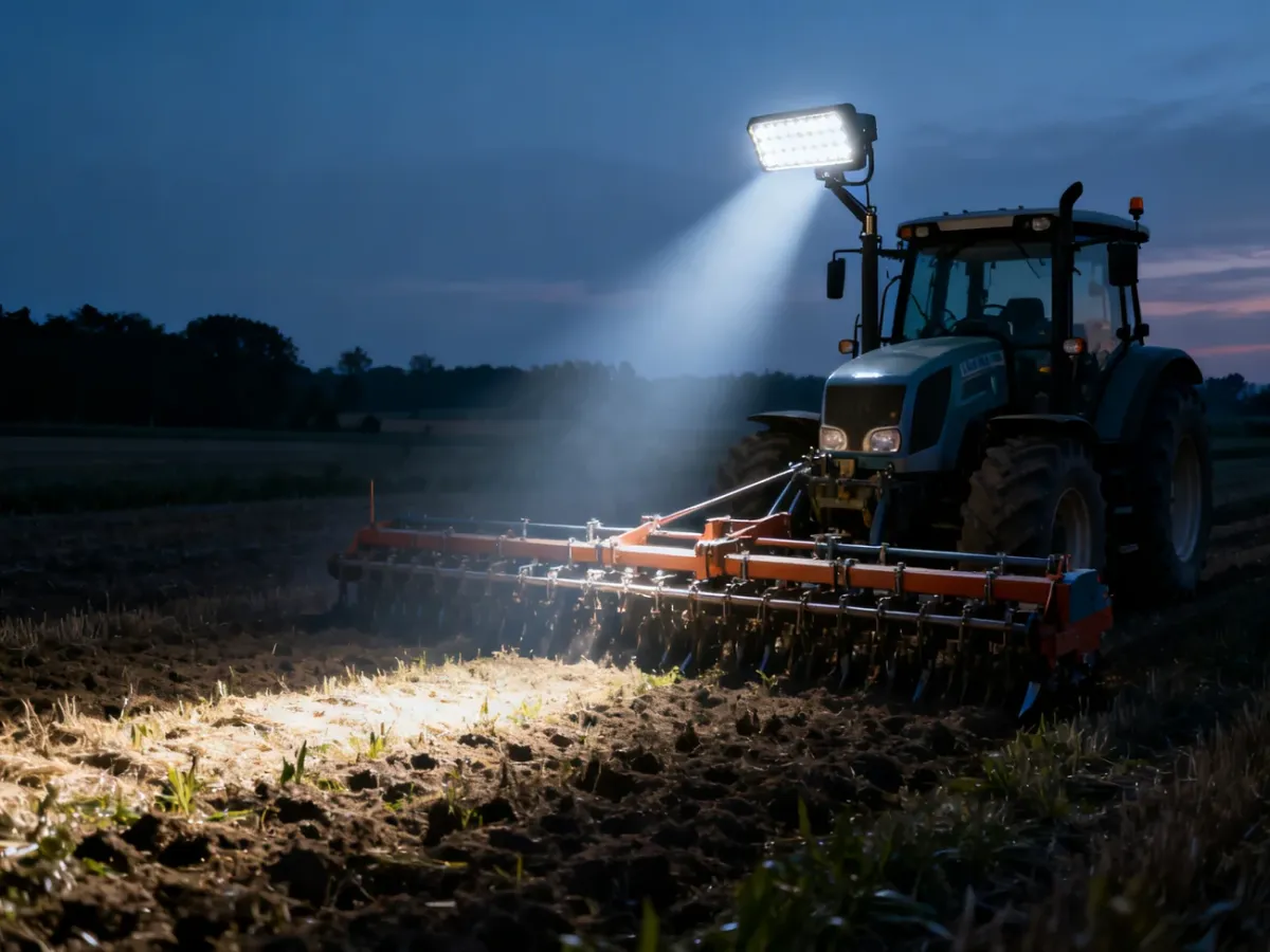 Mocna lampa LED oświetlająca agregat rolniczy na polu o zmroku