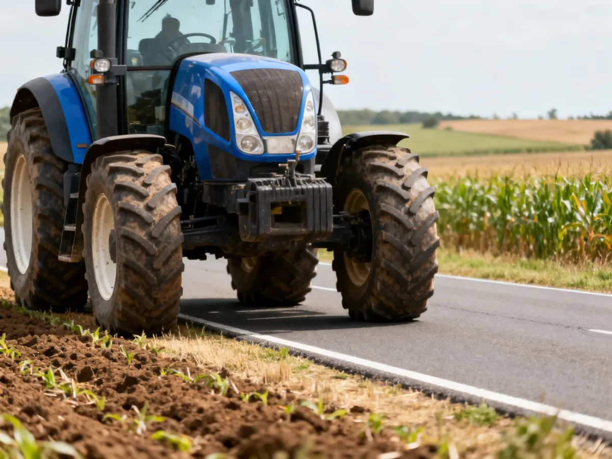 Ciągnik przejeżdżający z pola na drogę podczas zmiany warunków pracy