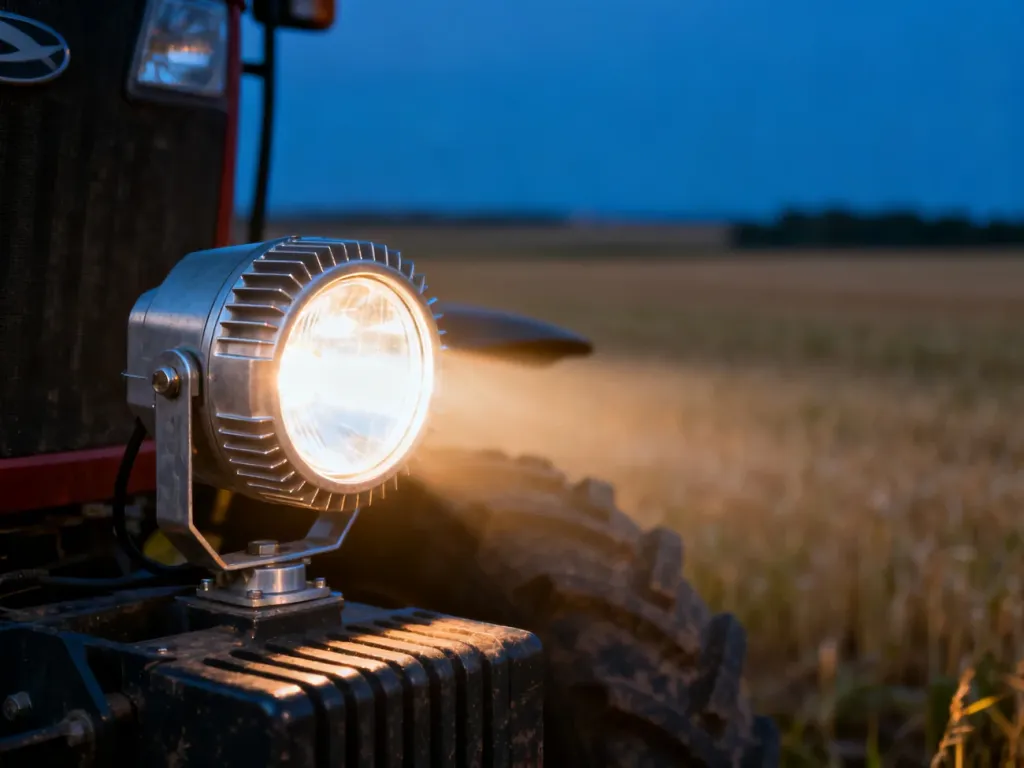 Wydajna lampa robocza LED zamontowana na ciągniku, oświetlająca pole podczas zmierzchu intensywnym, białym światłem.
