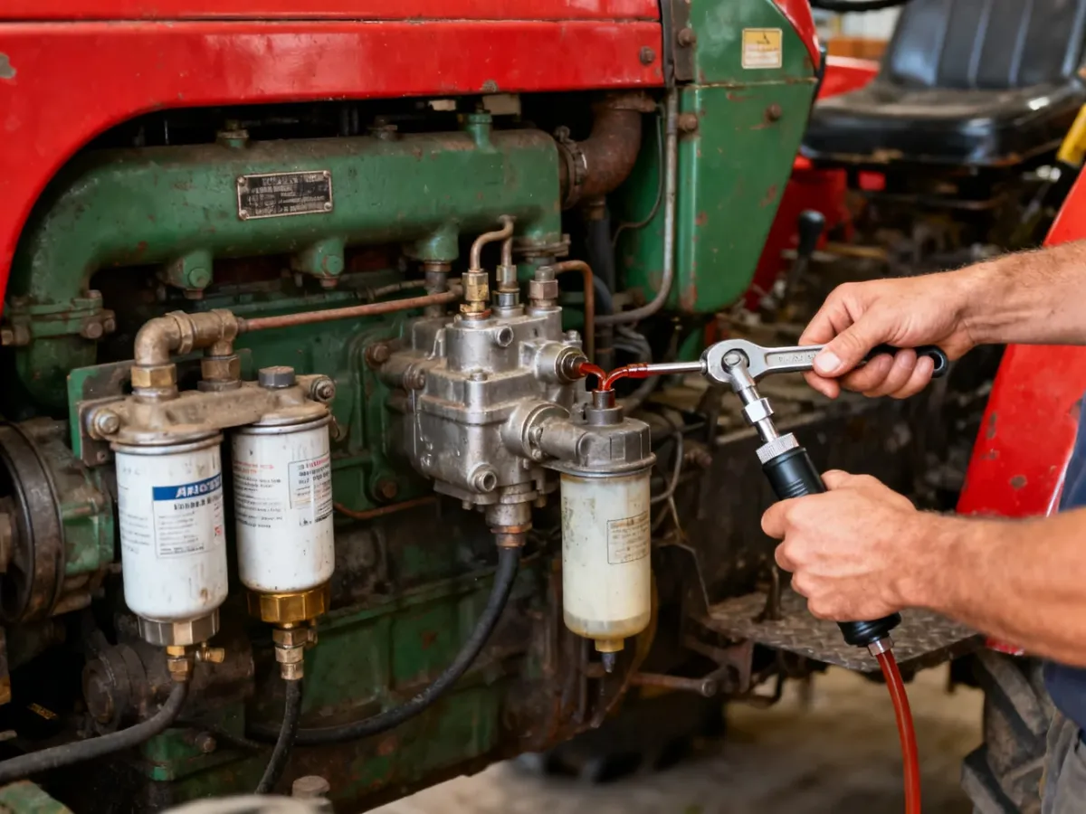 Mechanik odpowietrzający układ paliwowy starszego ciągnika